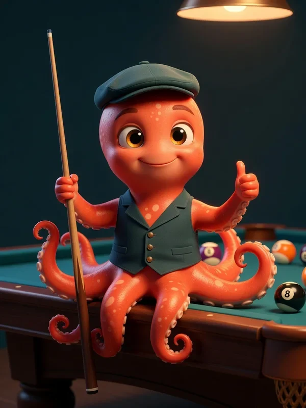 Ocho the octopus sitting on a pool table with a cue